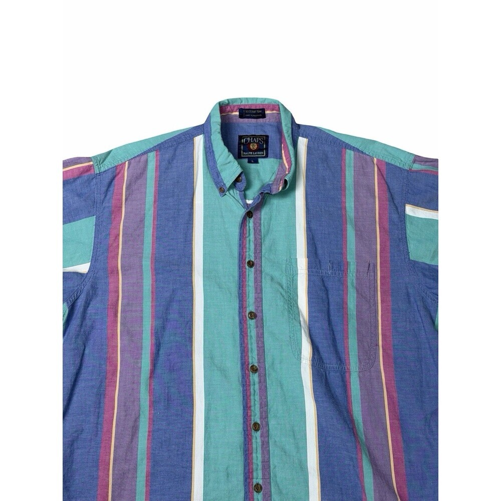 Vintage 90s Chaps Ralph Lauren Shirt L Men Color Striped Short Sleeve Crest Logo - Picture 2 of 9